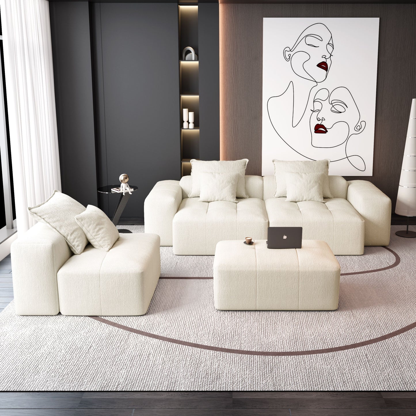 Modern Oversized Modular Sectional Sofa, Sparkling Fabric Soft Cushion Sofa With 6 Pillows, 6 Pieces Diy Combination Tufted Sofa, No Assembly Required - Beige