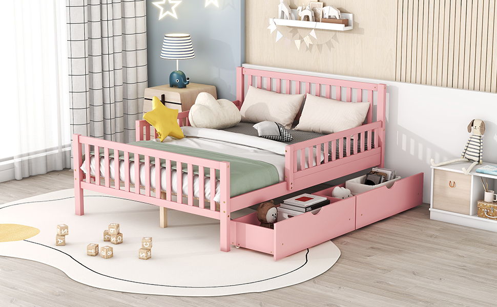 Full Size Platform Bed With Guardrails On Both Sides And 2 Storage Drawers - Pink