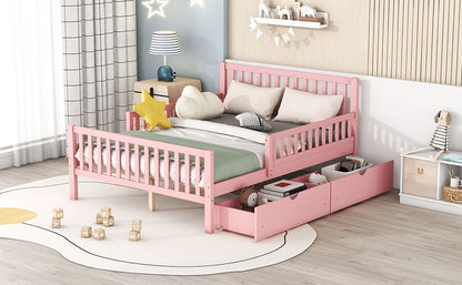 Full Size Platform Bed With Guardrails On Both Sides And 2 Storage Drawers - Pink