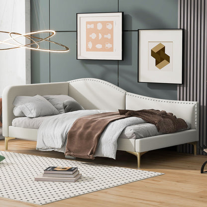 Twin Size Upholstered Daybed With Headboard And Armrest - Beige