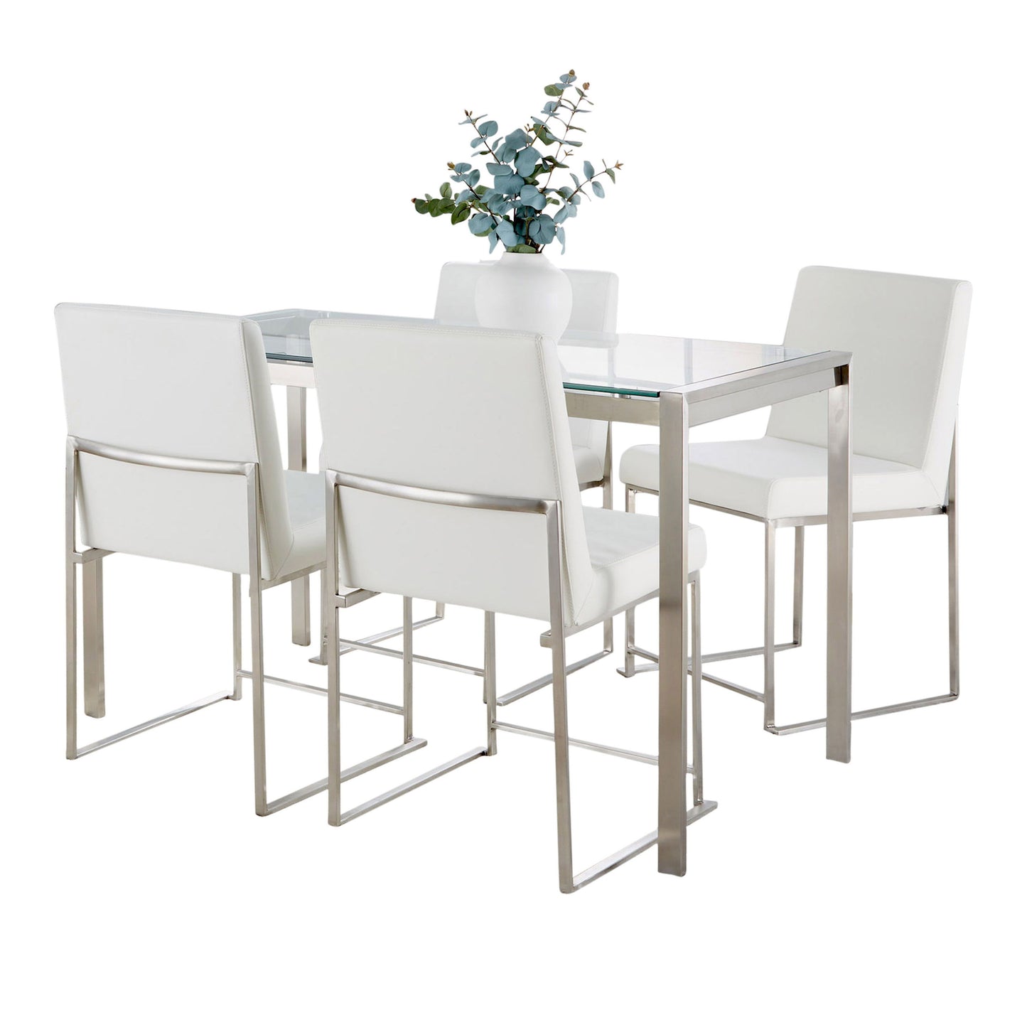 Fuji - High Back Contemporary Dining Set, Glass 5 Piece - White