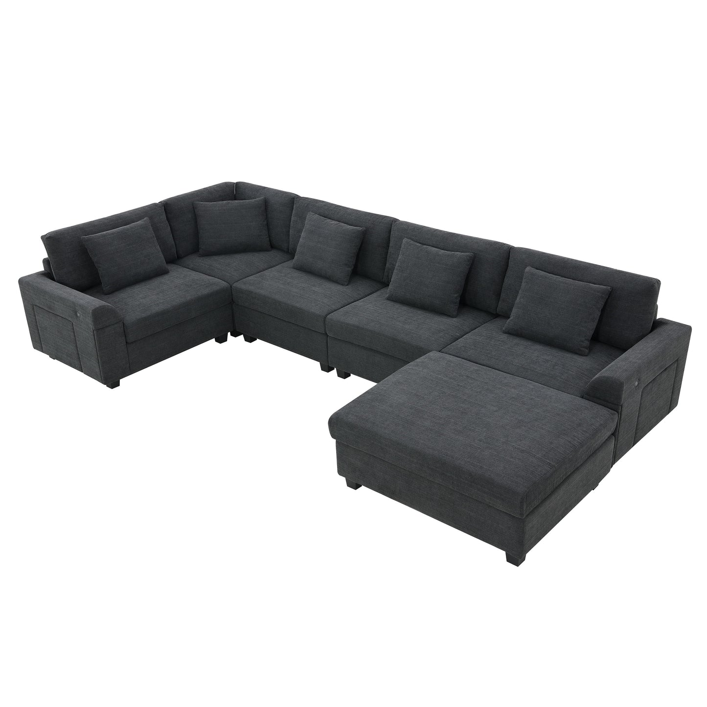 U Shaped Sectional Sofa 6 Seat Couch Set With Oversized Ottoman, Hidden Armrest Storage And Cup Holders USB Charging Ports Wide Seat Sofa - Black