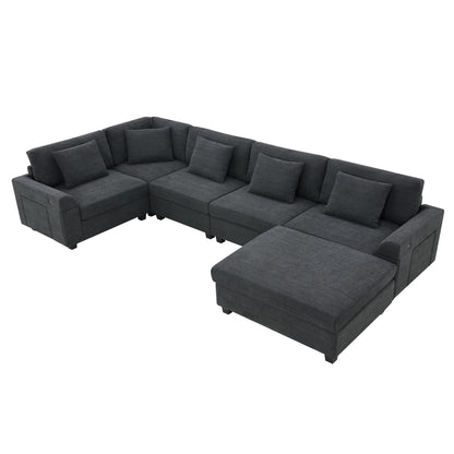 U Shaped Sectional Sofa 6 Seat Couch Set With Oversized Ottoman, Hidden Armrest Storage And Cup Holders USB Charging Ports Wide Seat Sofa - Black
