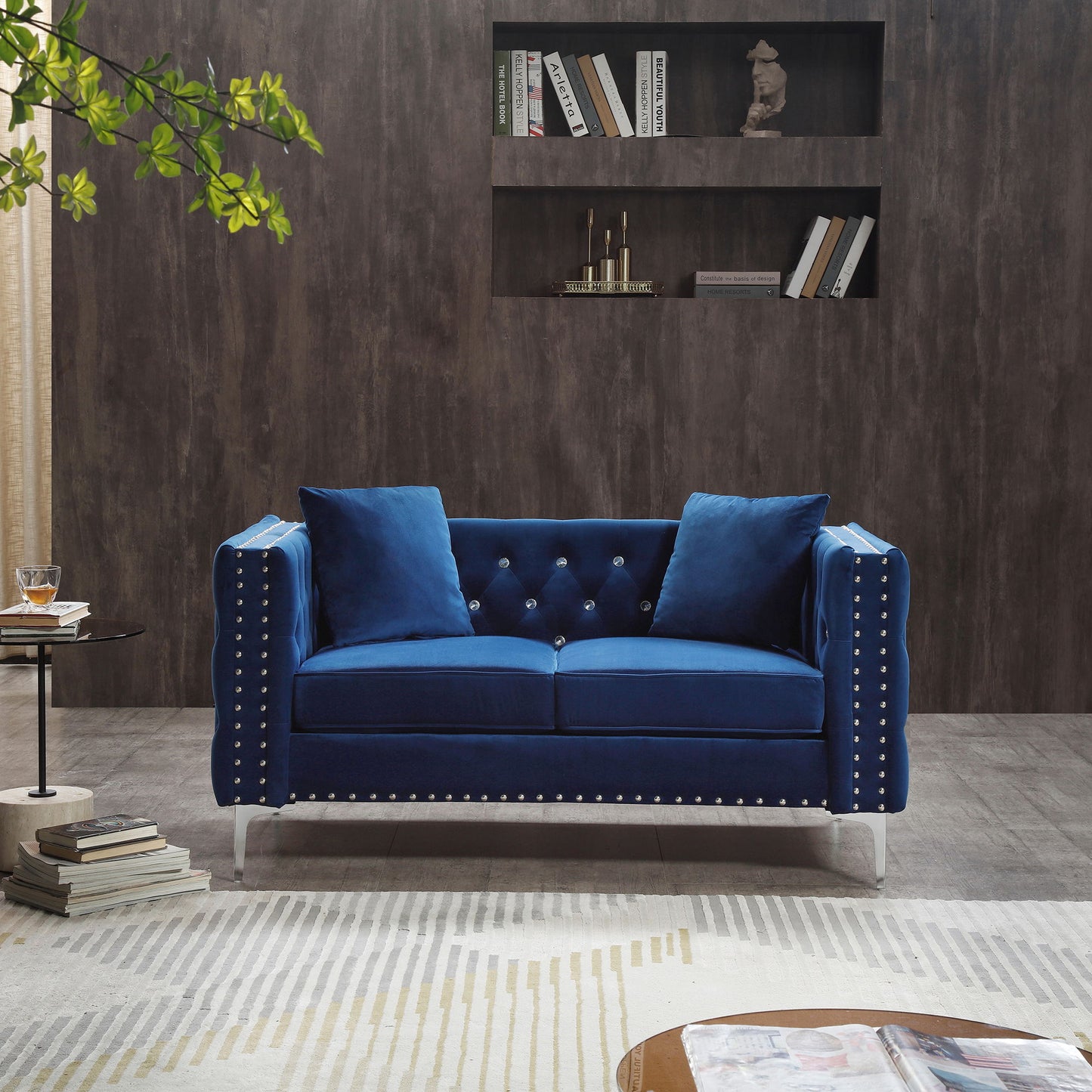 Wide Sofa With Jeweled Buttons, Square Arm, 2 Pillows - Blue