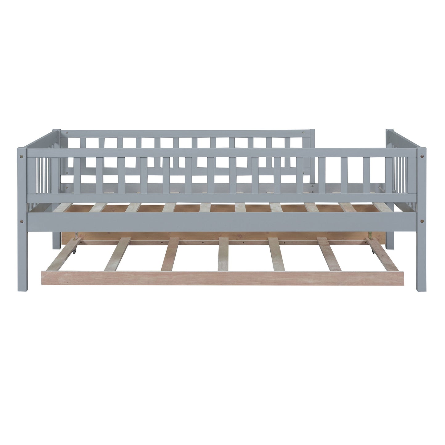 Twin Size Daybed With Trundle And Fence Guardrails - Gray