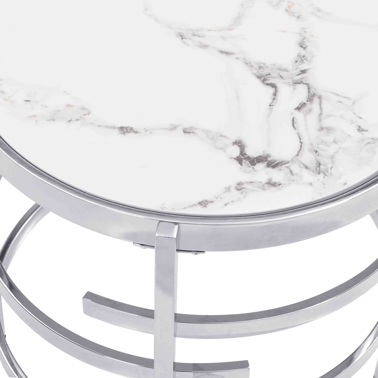 Modern Round End Table With Sintered Stone Top For Living Room - Chrome / Silver