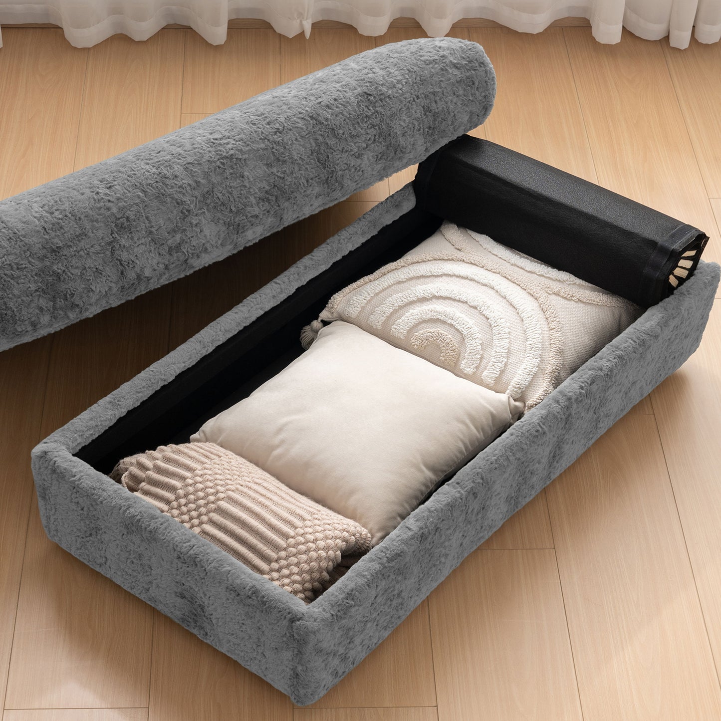 Oversized Chaise Lounge Indoor Rabbit Fur Sofa Bed With Storage Ottoman And Armrests Cup Holders With Deep Seat - Gray