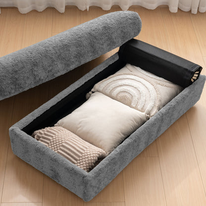 Oversized Chaise Lounge Indoor Rabbit Fur Sofa Bed With Storage Ottoman And Armrests Cup Holders With Deep Seat - Gray