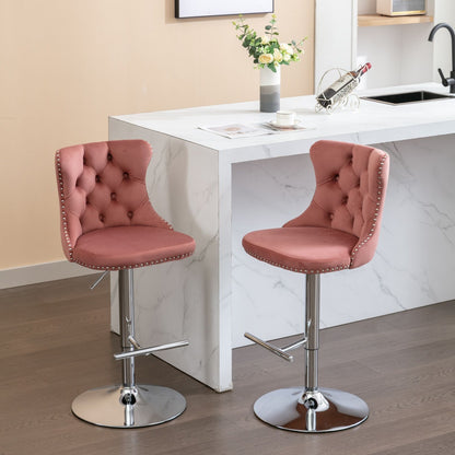 Swivel Velvet Barstools Adjusatble Seat Height From 25-33", Modern Upholstered Chrome Base Bar Stools With Backs Comfortable Tufted For Home Pub And Kitchen Island 1712Pk (Set of 2) - Pink