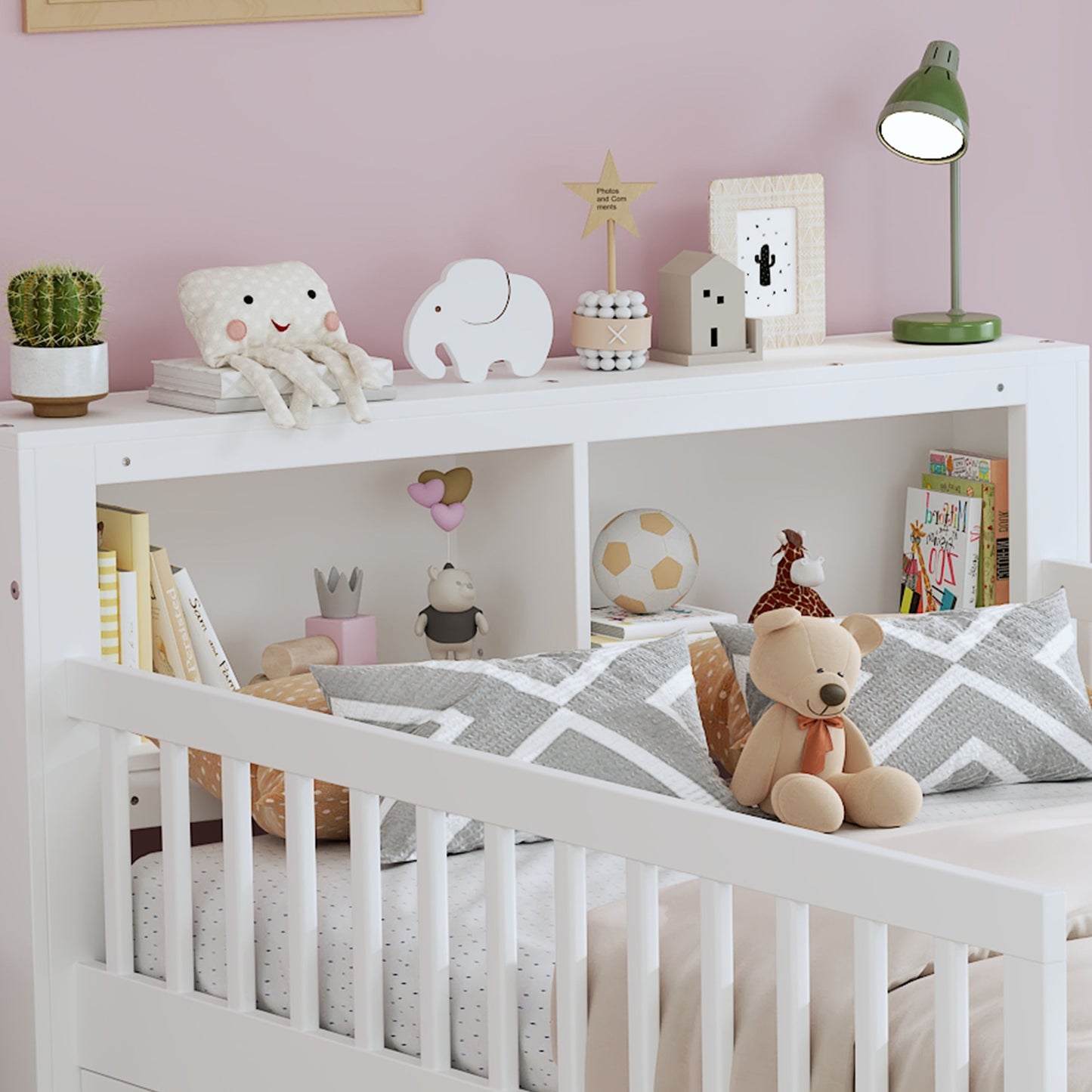 Twin Size Bed With Headboard Storage Rack, 2 Under Bed Drawers, 3 - Side Guardrails For Safety And Security - White