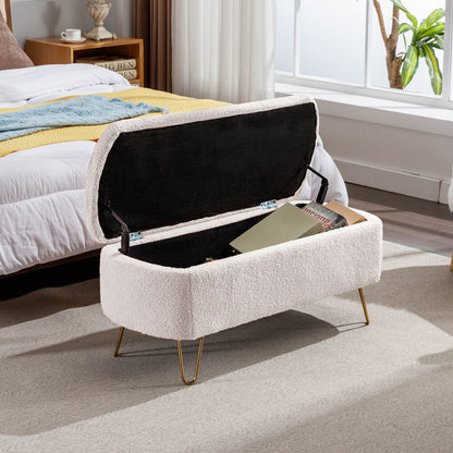 Storage Ottoman Bench For End Of Bed Gold Legs, Modern Ivory White Faux Fur Entryway Bench Upholstered Padded With Storage For Living Room Bedroom - Ivory