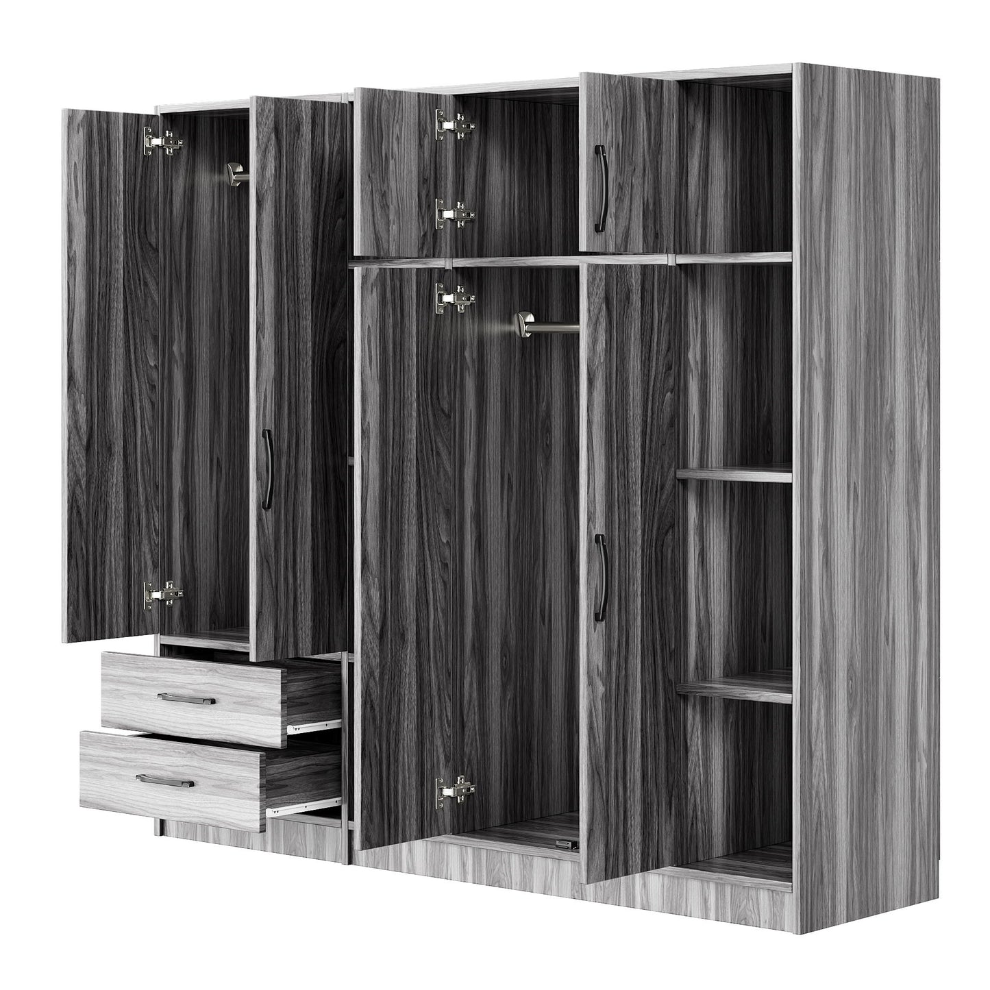 6 Door Wardrobe With Shelves And Drawers - Gray
