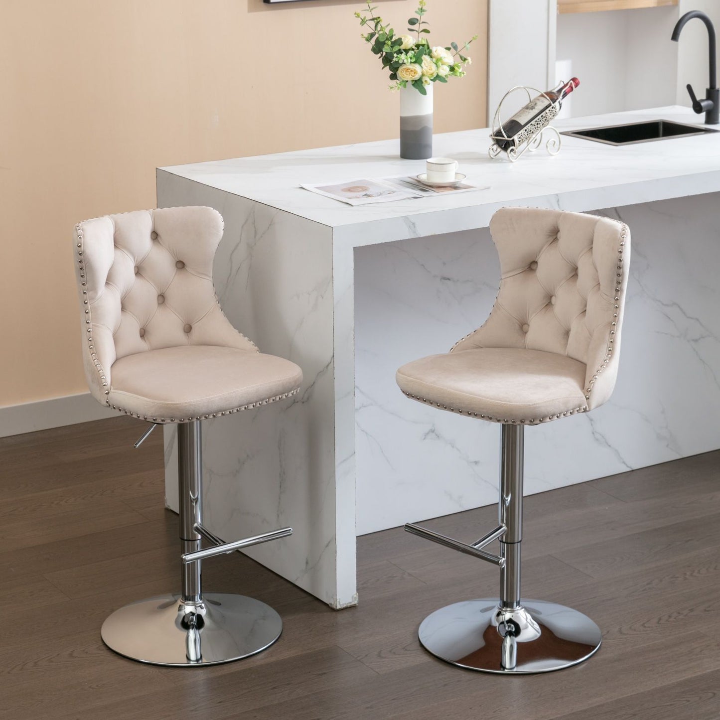 Swivel Velvet Barstools Adjusatble Seat Height From 25-33", Modern Upholstered Chrome Base Bar Stools With Backs Comfortable Tufted For Home Pub And Kitchen Island (Set of 2) - Beige