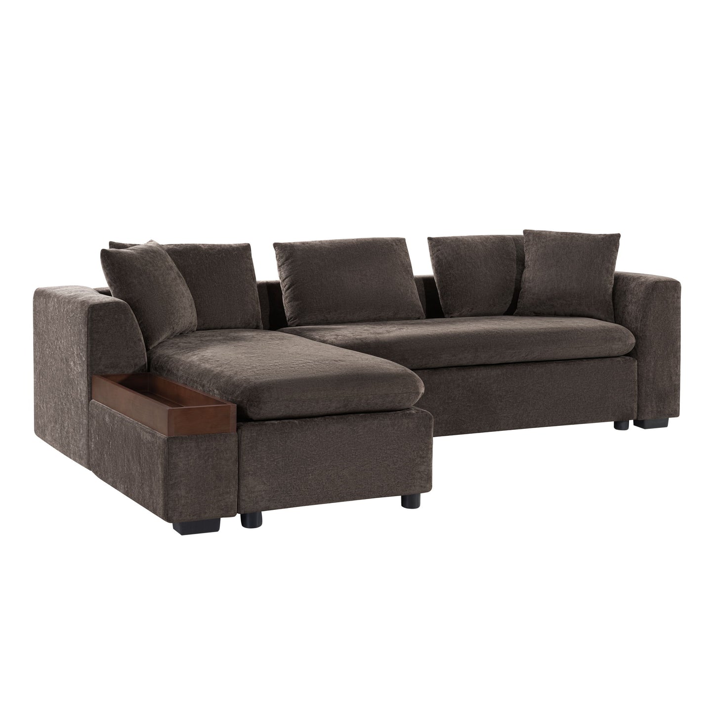 Elegant L Shaped Sectional Sofa With Chenille Upholstery And Wooden Storage Compartment - Brown