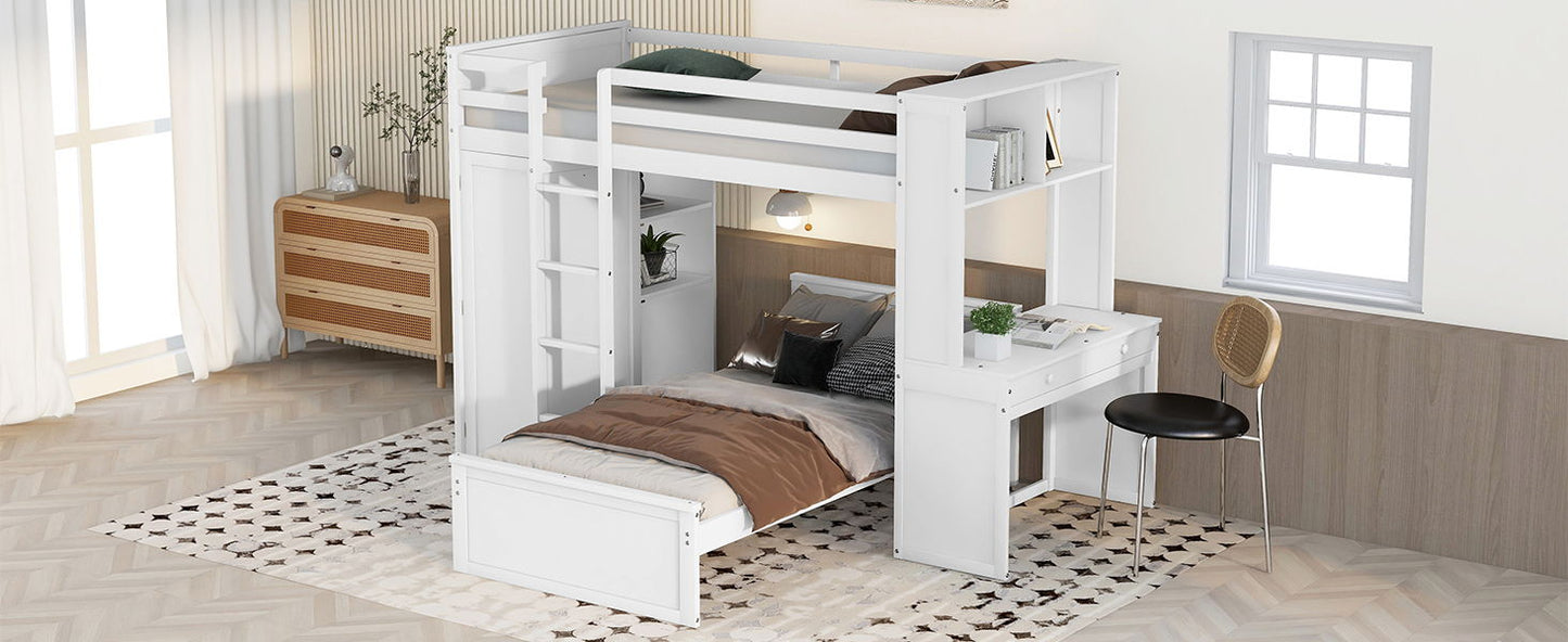 Twin Size Loft Bed With A Stand Alone Bed, Shelves, Desk, And Wardrobe - White