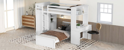 Twin Size Loft Bed With A Stand Alone Bed, Shelves, Desk, And Wardrobe - White