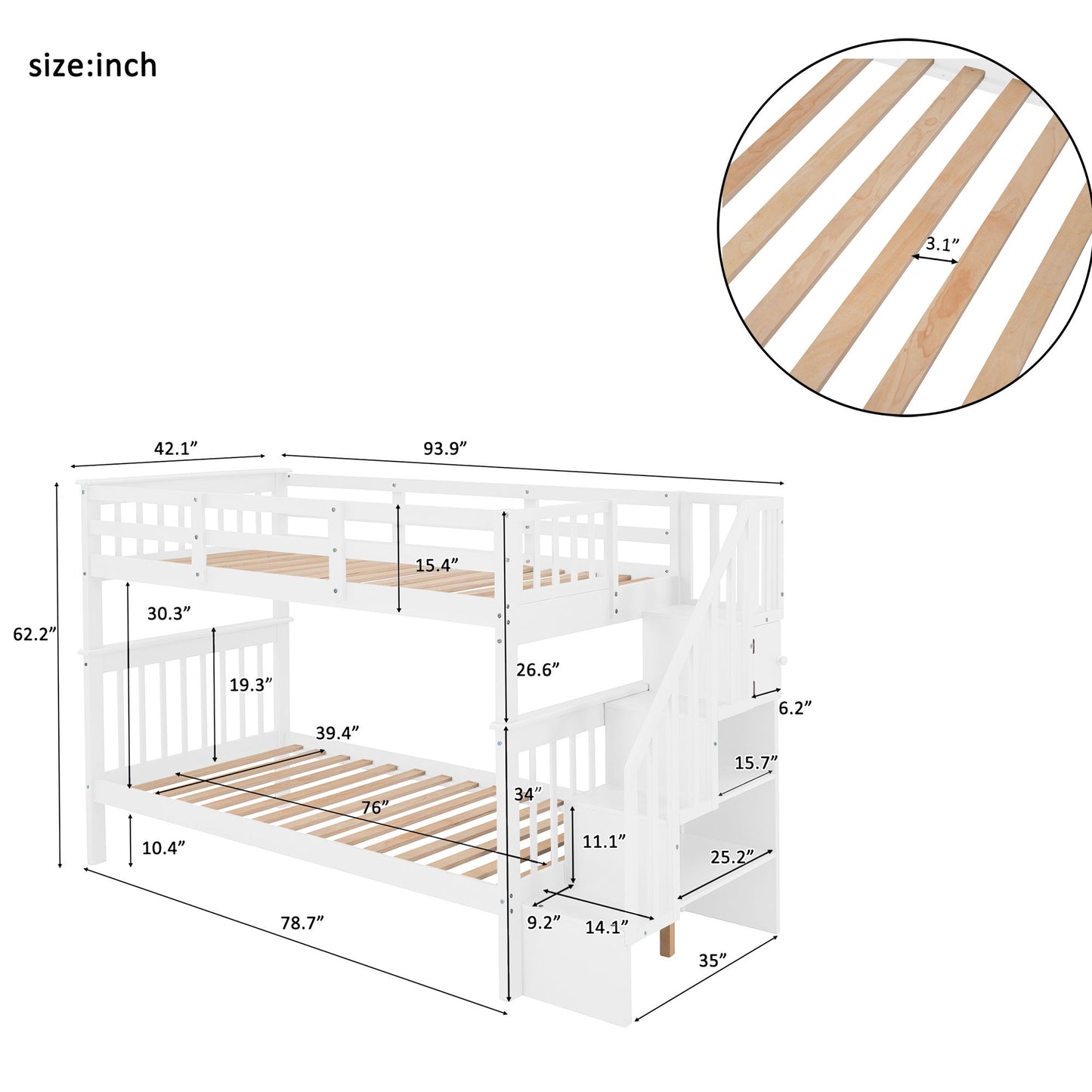 Twin Over Twin Stairway Bunk Bed With Storage And Guard Rail For Bedroom - White
