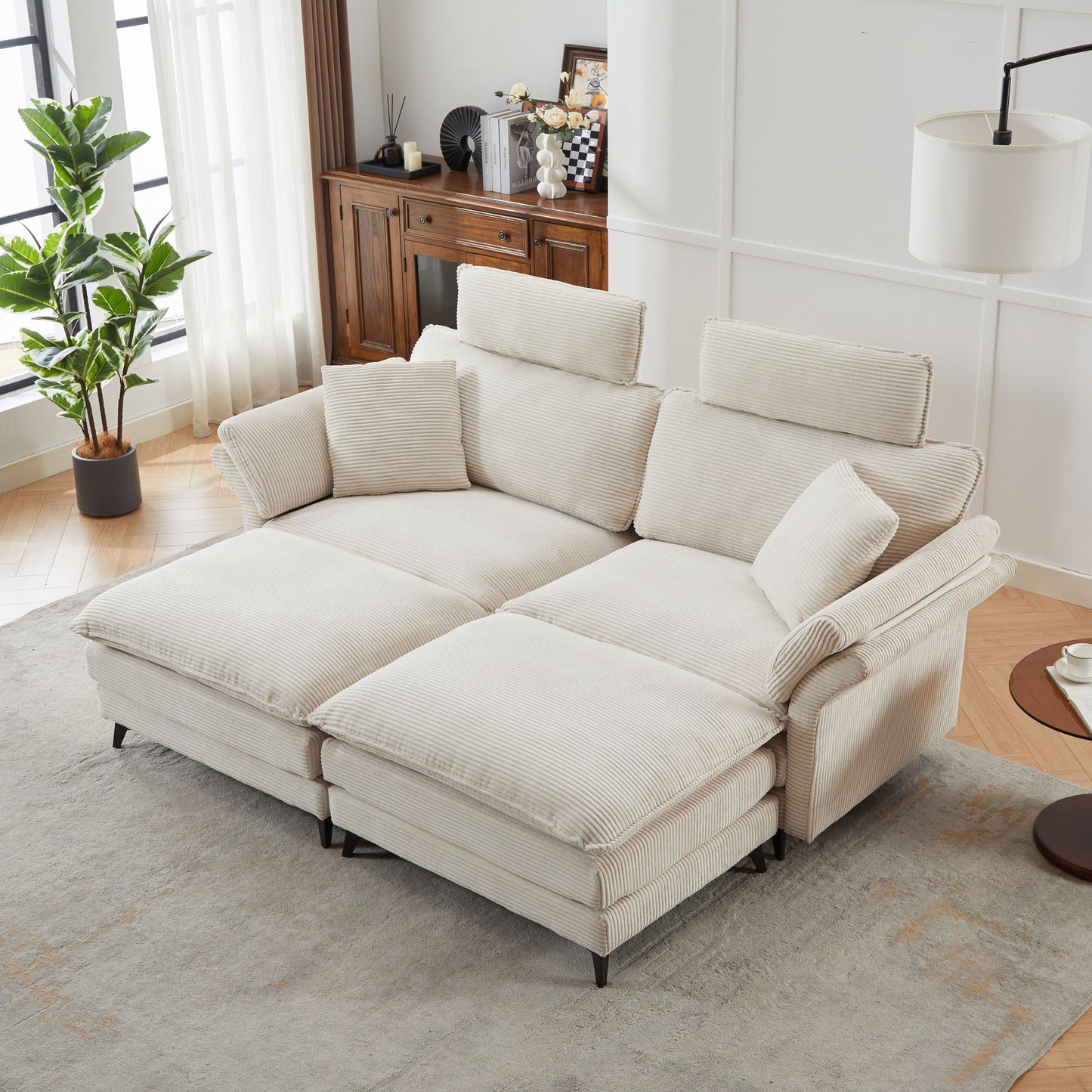 Modern Corduroy, Loveseat Sofa, Deep Seat Sectional Sofa With Ottomans Comfortable Cloud Sofa For Living Room, Apartment, Office, Couch - Beige