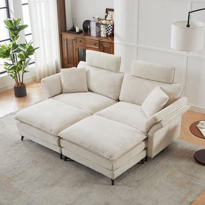 Modern Corduroy, Loveseat Sofa, Deep Seat Sectional Sofa With Ottomans Comfortable Cloud Sofa For Living Room, Apartment, Office, Couch - Beige