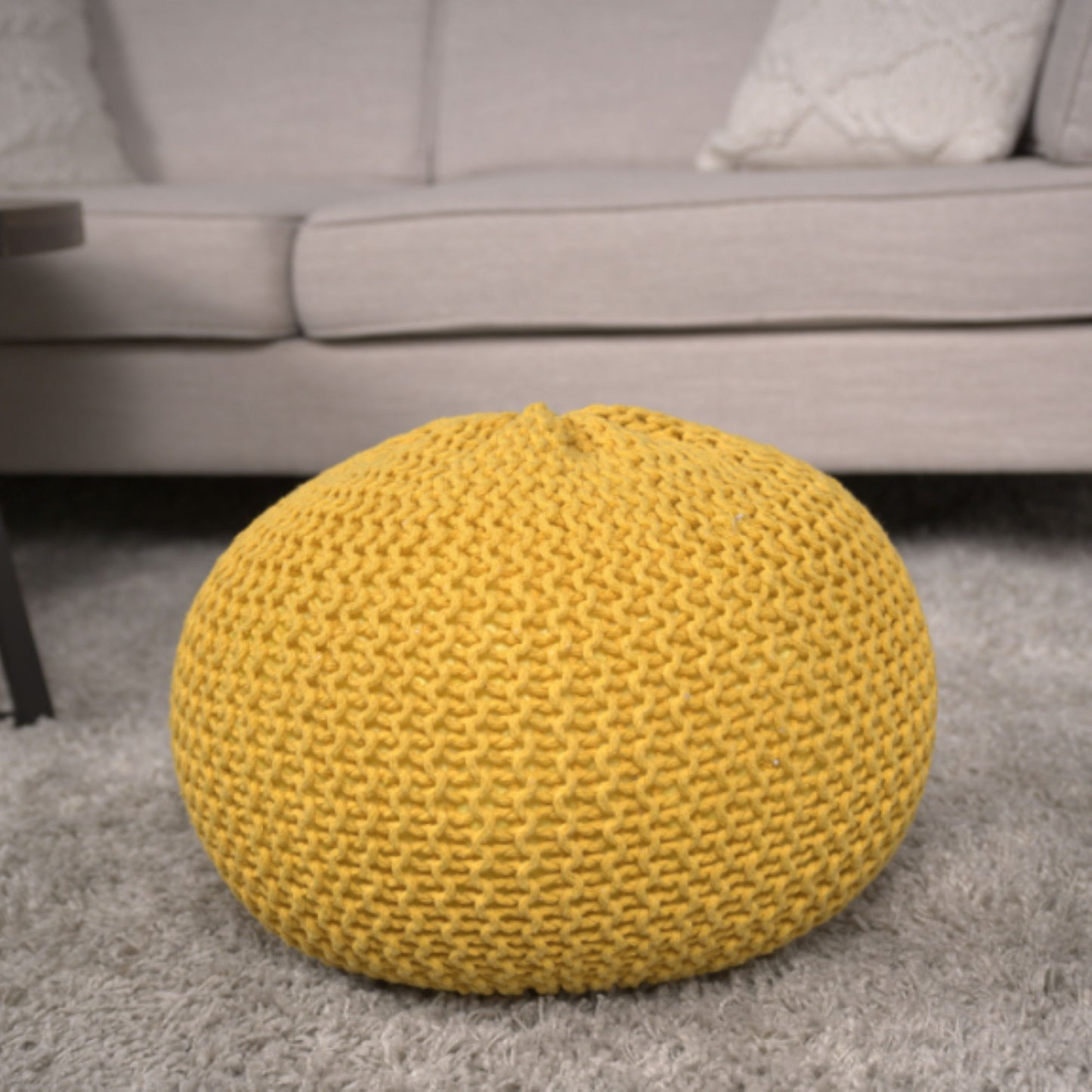 Bordeaux - Knitted Cotton Round Pouf Versatile Ottoman And Floor Cushionf - Yellow