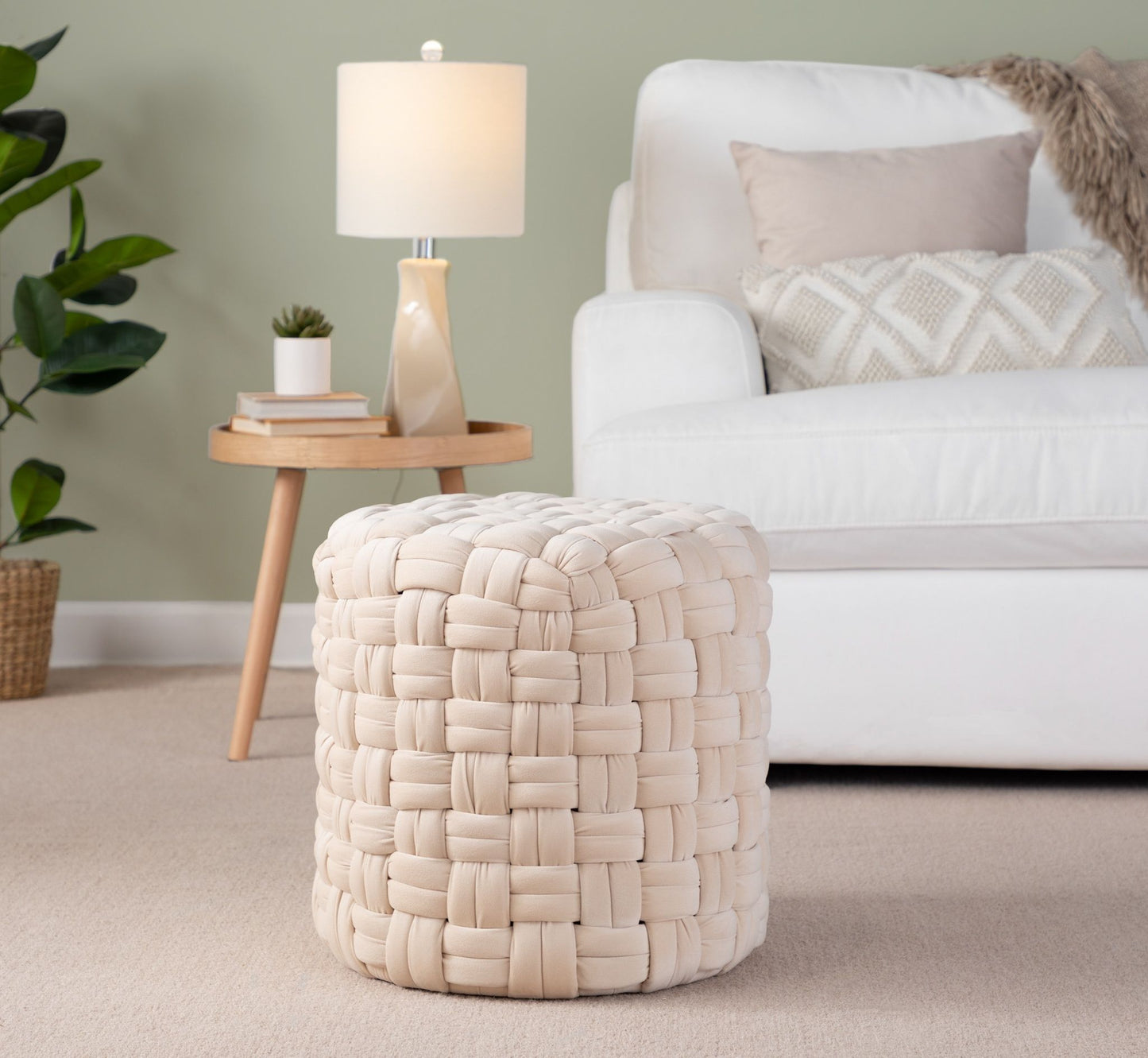 Braided - Round Ottoman - Cream - Velvet