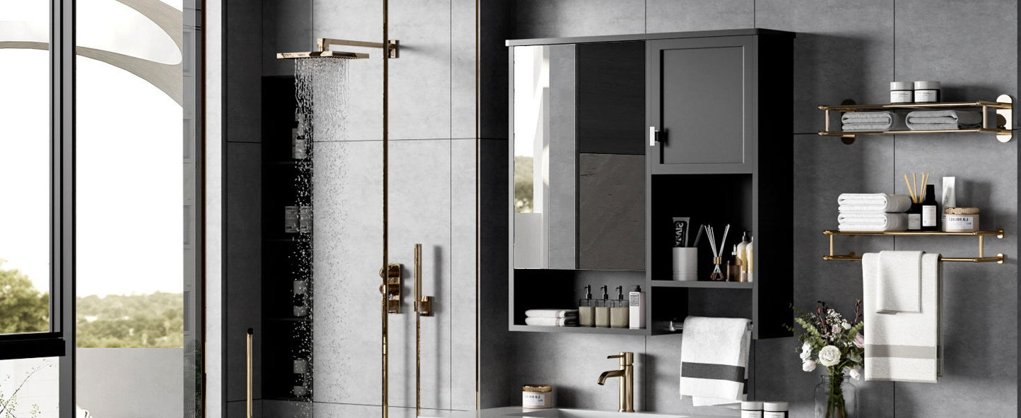 Modern Wall Mounted Bathroom Medicine Cabinet, Bathroom Wall Storage Cabinet With Mirror, Over The Toilet Space Saver Cabinet With Towels Bar - Black