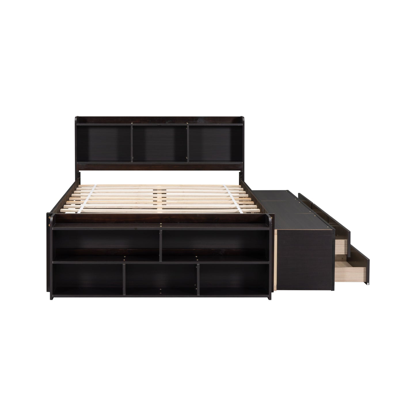 Full Bed With Bookcase Headboard, Under Bed Storage Drawers And Bed End Storage Case - Espresso