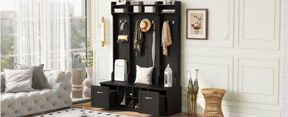 5 In 1 Entryway Bench With Coat Rack, 7 Sturdy Hooks, 2 Spacious Drawers And Adjustable Shelves, Wide Hall Tree With Metal Handles For Hallway - Black
