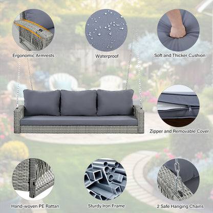 3 Person Porch Swing With Chains, Large Patio Swing Bench With Cushions For Backyard, Garden, And Poolside - Gray