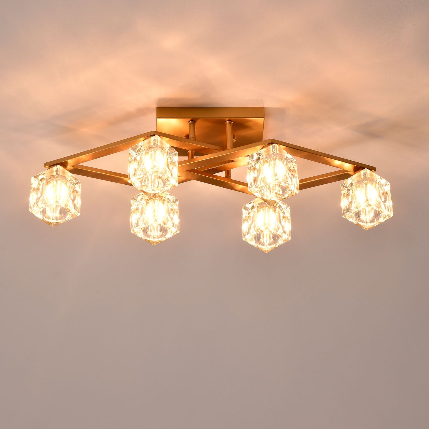 6 Light Crystal Ceiling Light For Dining Room, Modern Ceiling Lamp With Light Fixture For Entryway, Lobby, Kitchen, Bedroom, Living Room, Conference Room, (6*G9 Bulbs Included) - Gold