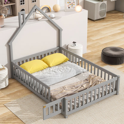 Full House-Shaped Headboard Floor Bed With Fence - Gray