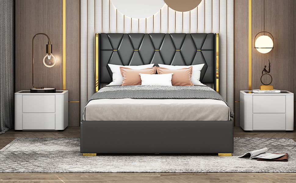 Full Size Upholstered Platform Bed With Strips - Black