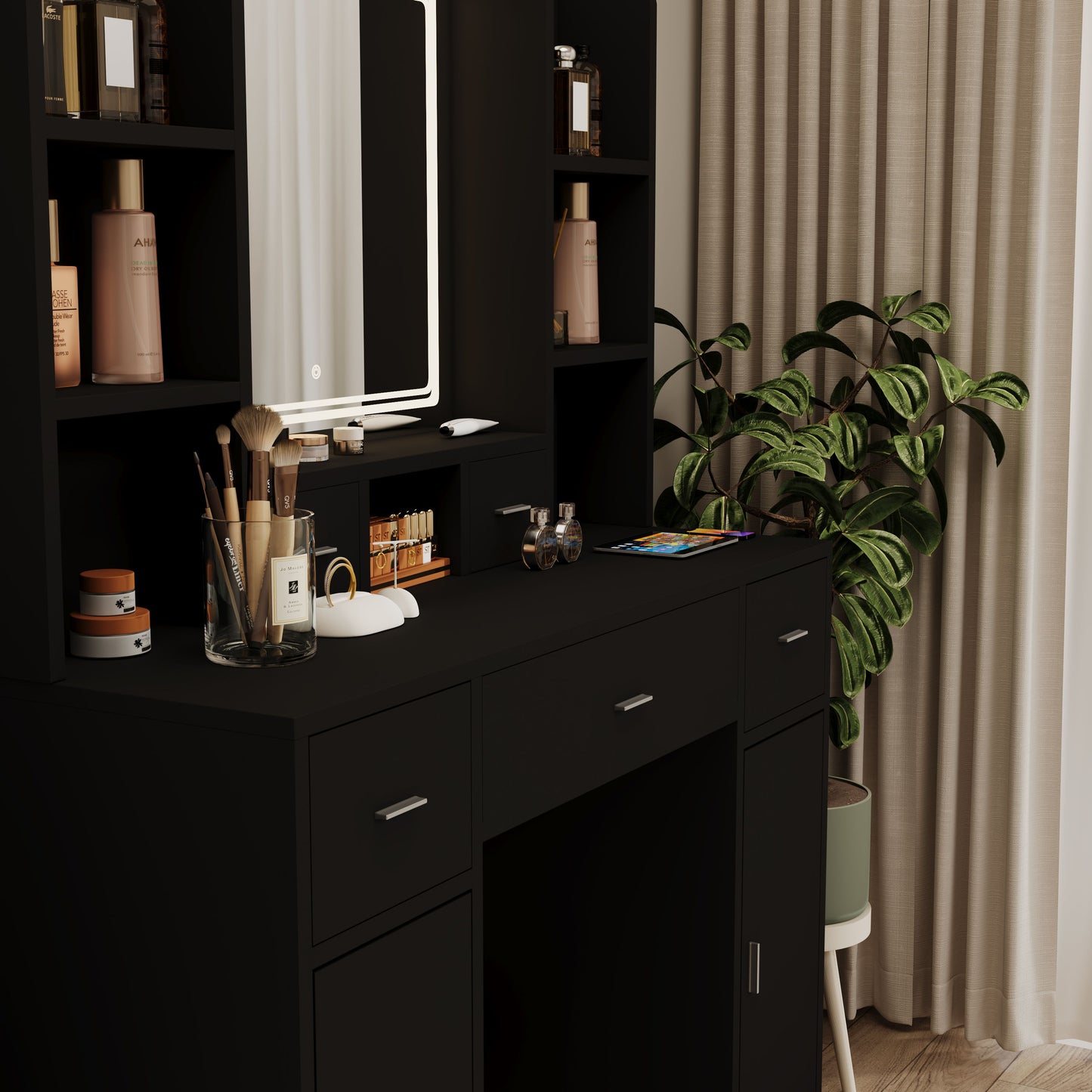 43.31" Newly Designed Smart Mirror Dressing Table With Drawers And Storage Cabinet, Dressing Table With Dressing Pad For Bedroom, Dressing Room - Black