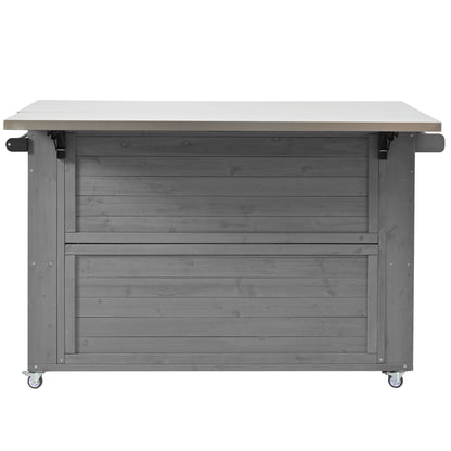 Outdoor Kitchen Island Fir Wood Kitchen Island With Stainless Steel Top, Ample Storage Space, Towel And Spice Racks And A Bottle Opener For Outdoor - Gray