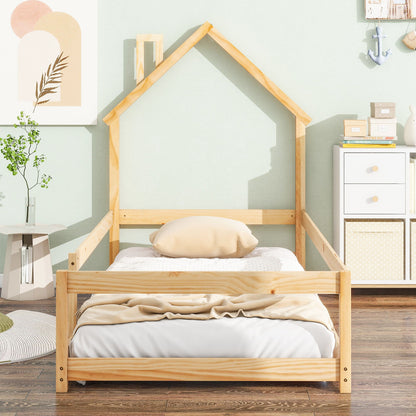 Twin Size Wood Bed With House Shaped Headboard Floor Bed With Fences - Natural