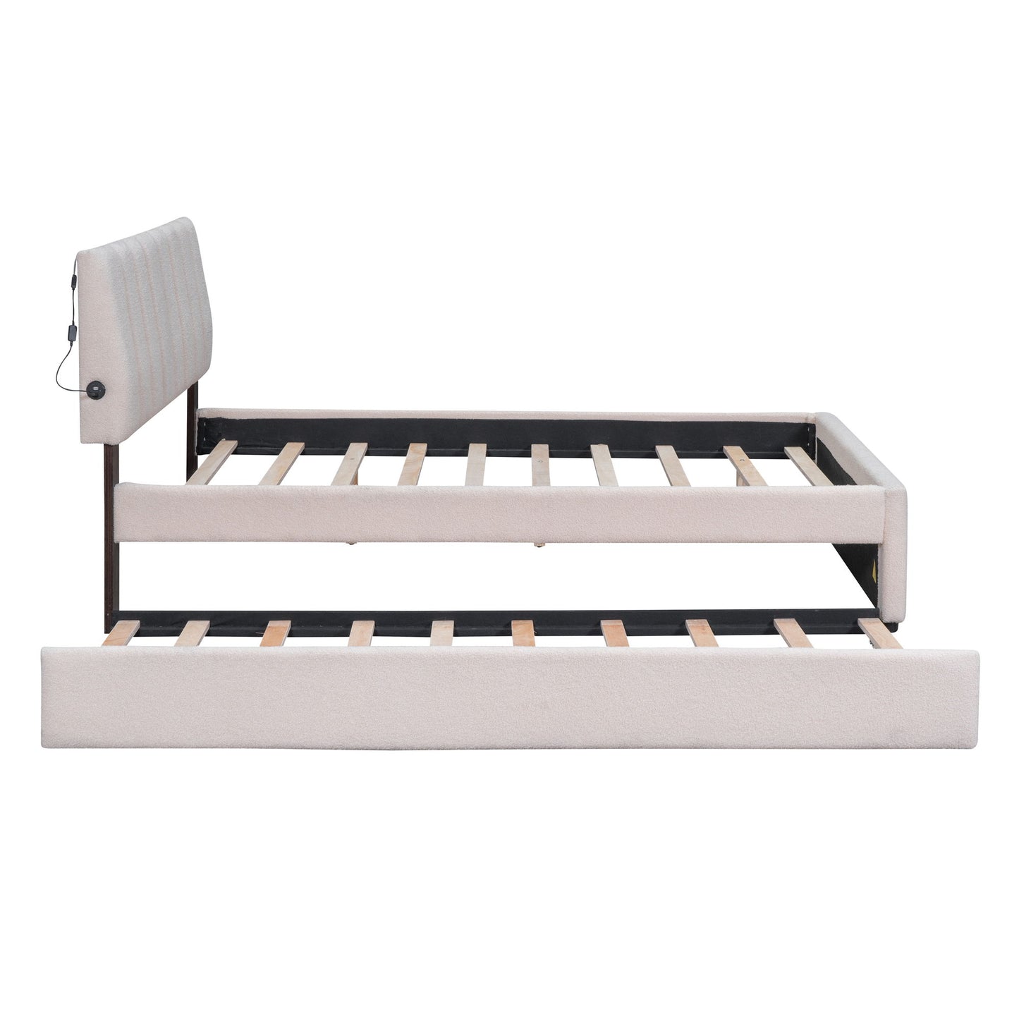 Full Size Upholstered Platform Bed With Twin Size Trundle - Beige