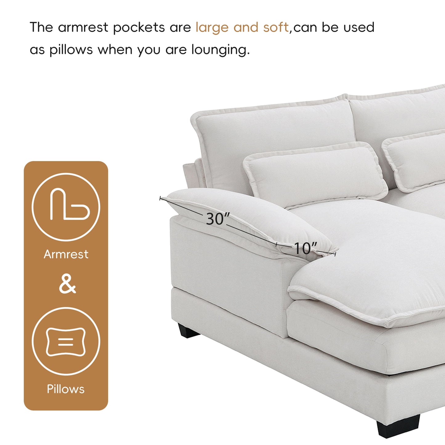 Modern U-Shaped Sectional Sofa With Waist Pillows, 6 Seat Upholstered Symmetrical Sofa Furniture, Sleeper Sofa Couch With Chaise Lounge - White