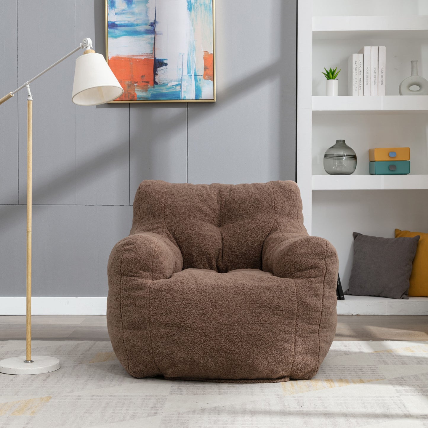 Soft Teddy Fabric Tufted Foam Bean Bag Chair With Teddy Fabric - Coffee