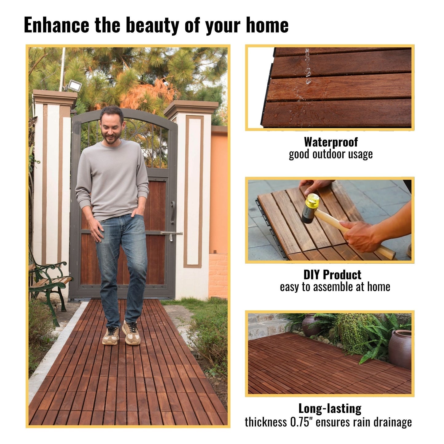 10 Piece Interlocking Deck Tiles Striped Pattern, Square Acacia Hardwood Outdoor Flooring For Patio, Bancony, Pool Side - Brown