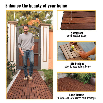 10 Piece Interlocking Deck Tiles Striped Pattern, Square Acacia Hardwood Outdoor Flooring For Patio, Bancony, Pool Side - Brown
