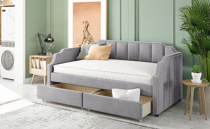 Twin Size Upholstered Classic Daybed With Drawers, Slat Support - Gray