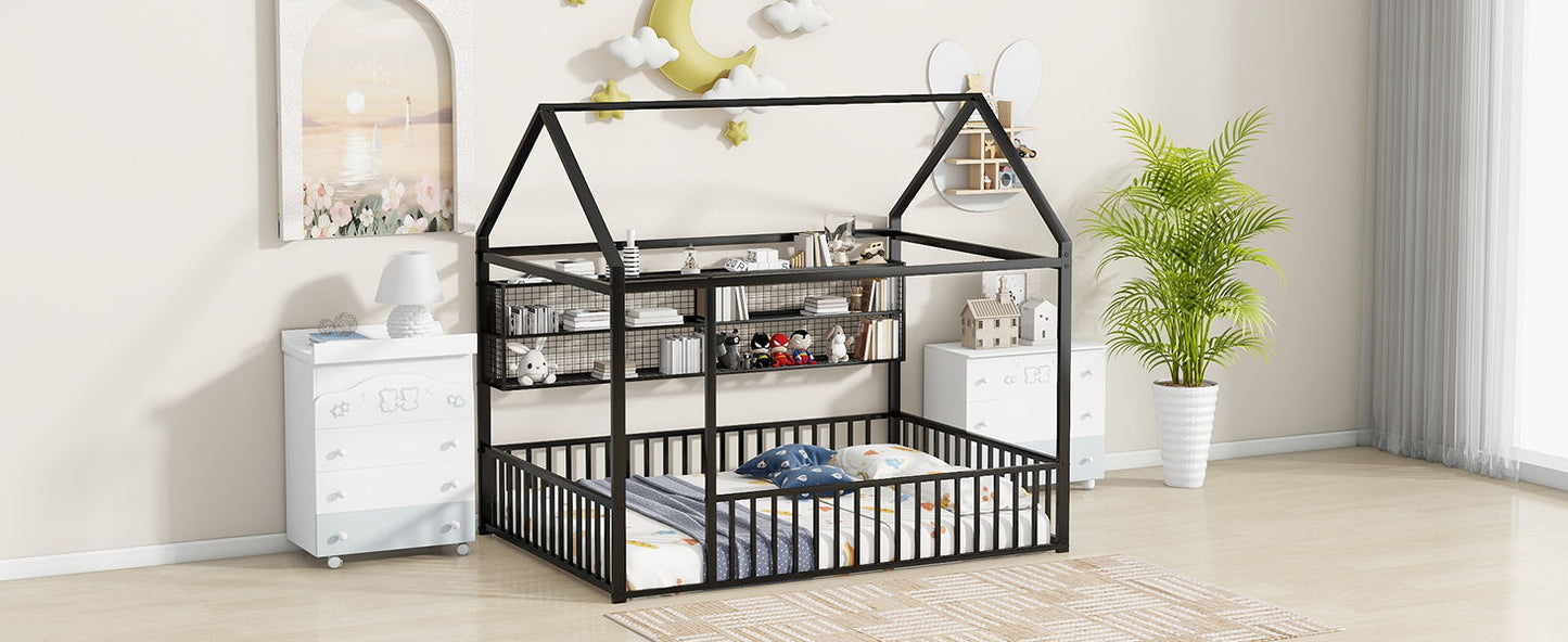 Full Size Bed House Frame With Fence And Shelves - Black