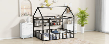 Full Size Bed House Frame With Fence And Shelves - Black