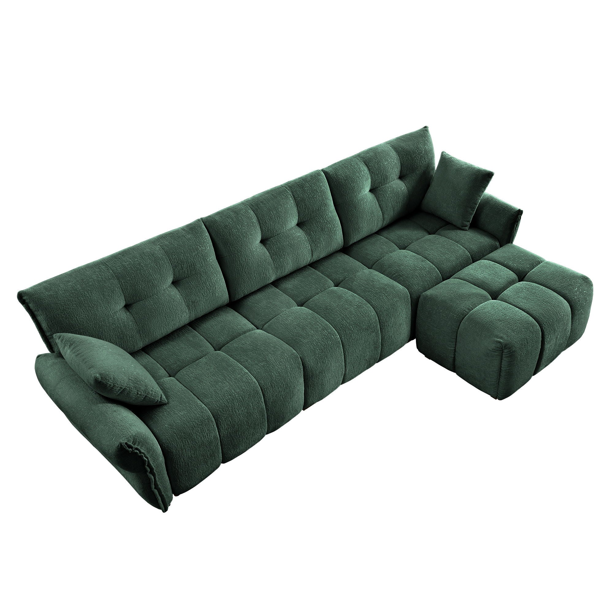 Stylish 3 Seater Sofa Set With Ottoman And Pillows, Textured, High Resilience Cushions - Green