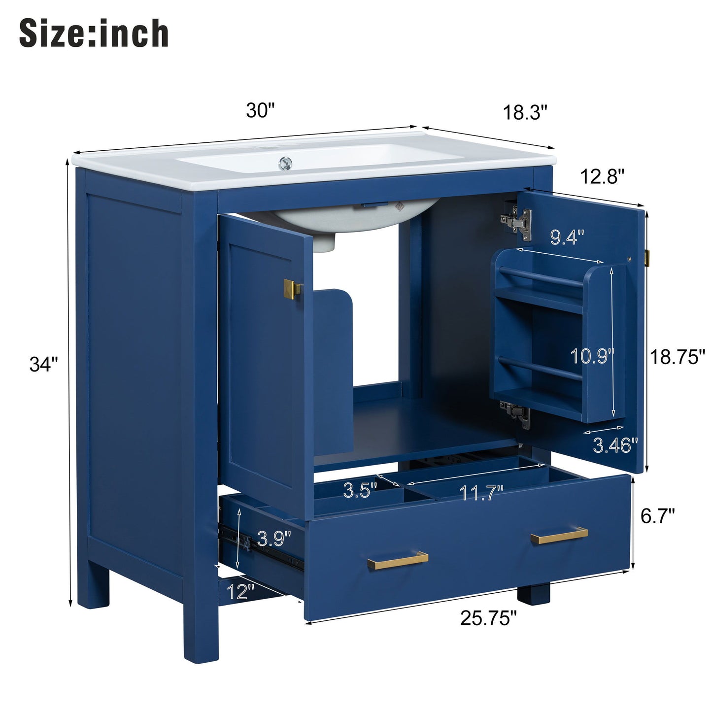 Bathroom Vanity With Single Sink, Combo Cabinet Undermount Sink, Bathroom Storage Cabinet With 2 Doors And A Drawer, Soft Closing, Multifunctional Storage, Solid Wood Frame - Blue