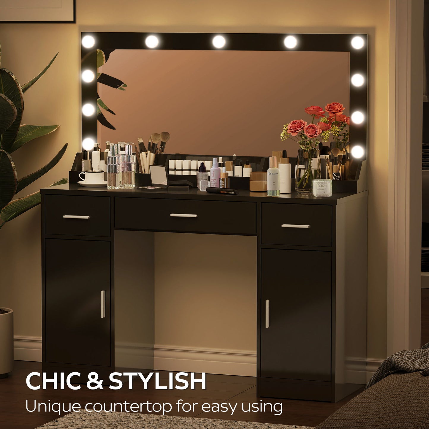 Vanity Desk With Large Mirror, 3 Colour Lighting Modes, Adjustable Brightness, Dresser With 3 Drawers & 2 Vertical Cabinets, Makeup Vanity Table For Women & Girls - Black