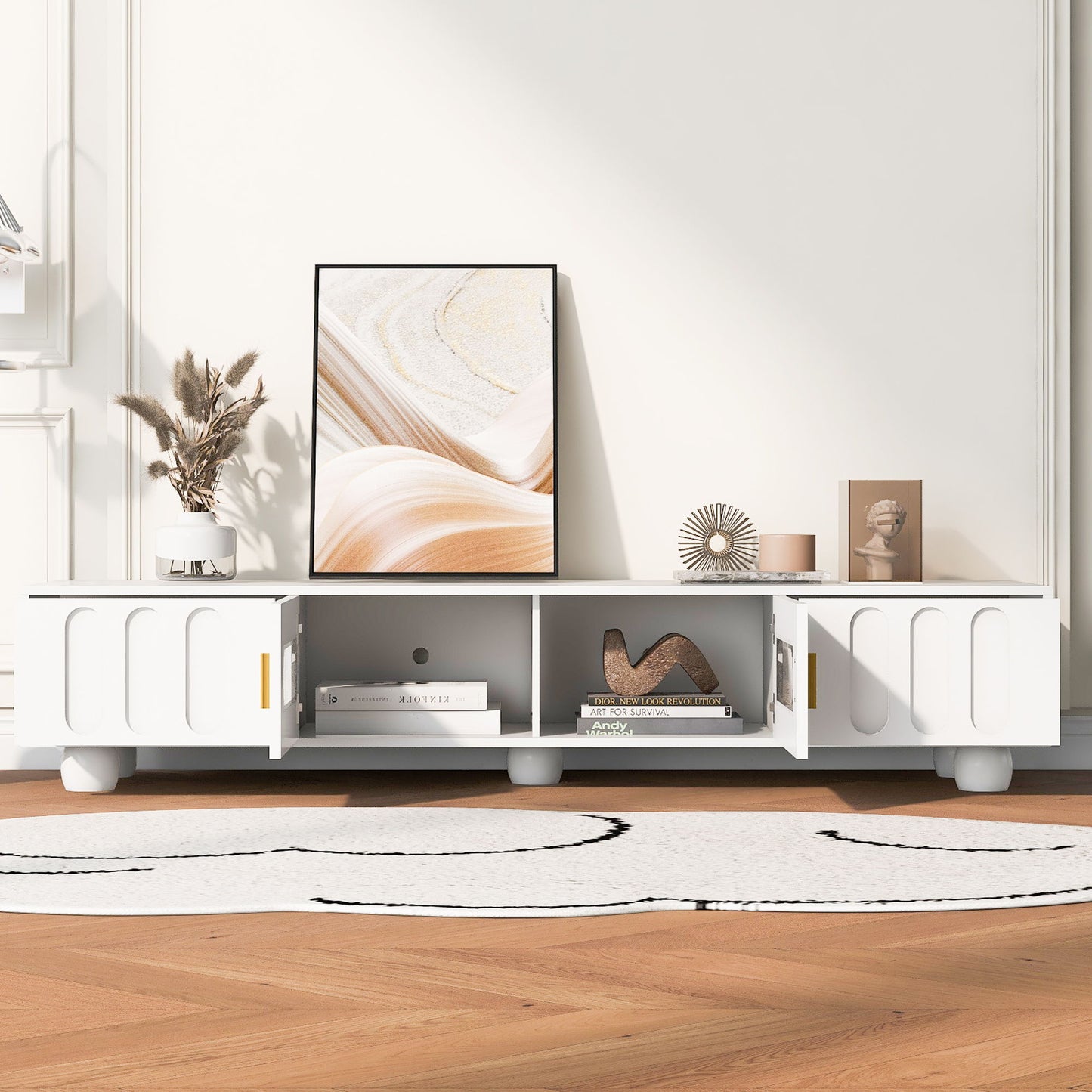 Modern TV Stand For TVs Up To 80", Entertainment Center With Glass Door, 2 Drawers And Cabinets, Wood TV Storage Cabinet With Solid Wood Legs And Metal Handles For Living Room - White