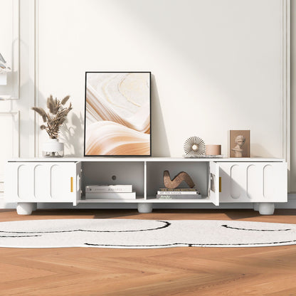 Modern TV Stand For TVs Up To 80", Entertainment Center With Glass Door, 2 Drawers And Cabinets, Wood TV Storage Cabinet With Solid Wood Legs And Metal Handles For Living Room - White