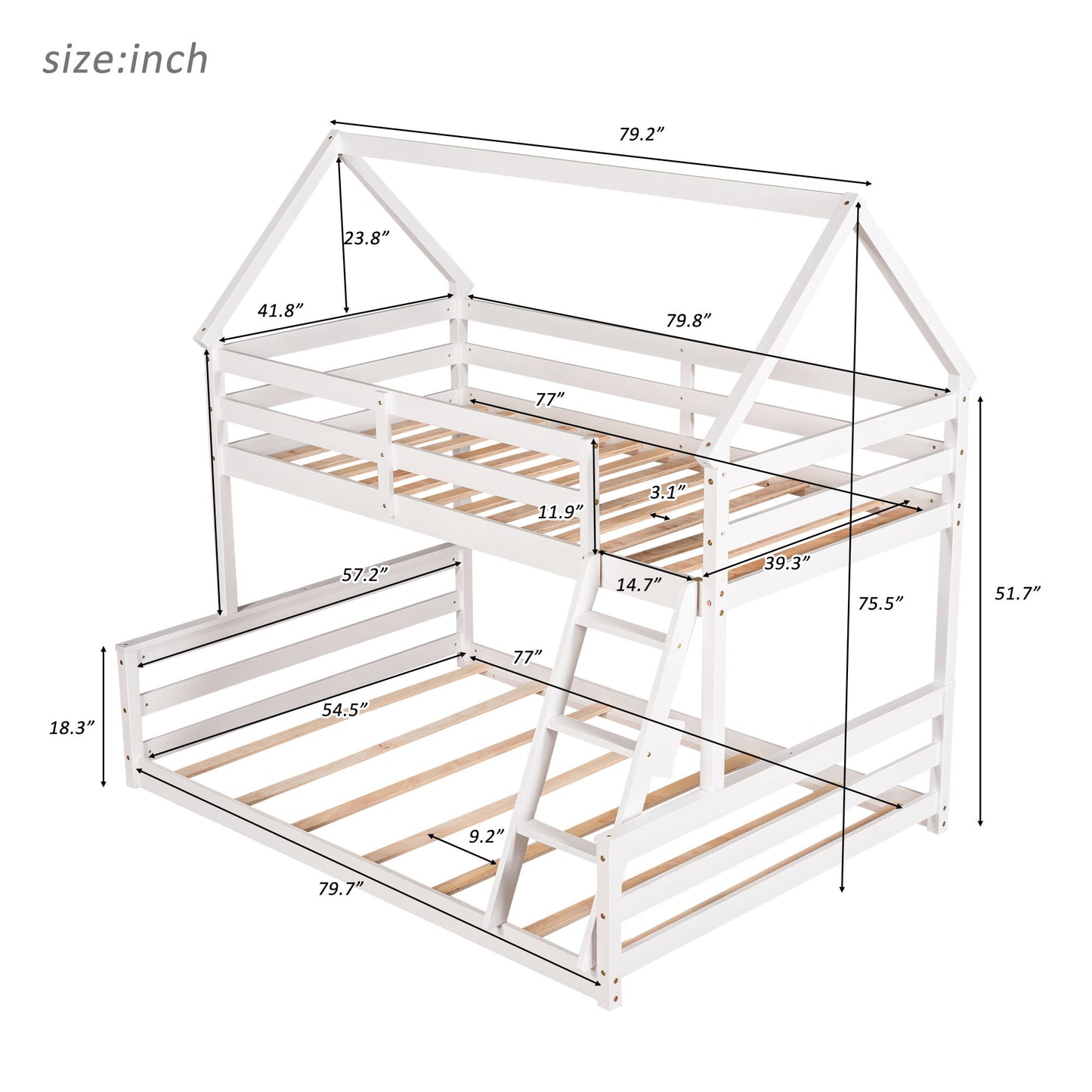 Twin Over Full House Bunk Bed With Built-In Ladder - White