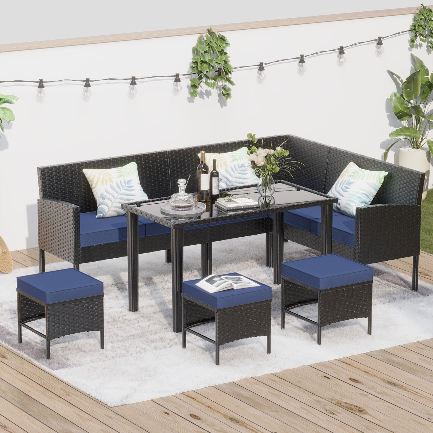 7 Piece Outdoor Furniture Set Waterproof Cushions Glass Table Space Saving - Blue